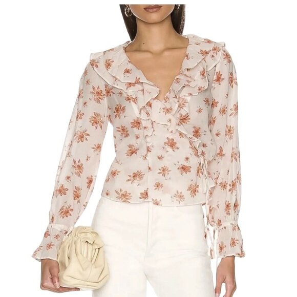 Free‎ People Amanda Ruffle Wrap Top Medium Floral Womens Long Sleeve Boho Chic - Picture 1 of 13